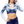 Load image into Gallery viewer, Front of blue and white, long sleeve crop top. with company name on the bottoms 
