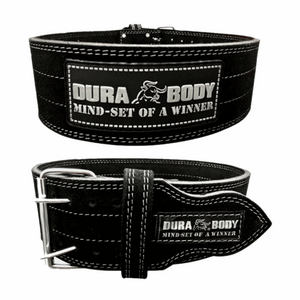 front and back of black powerlifting belt 