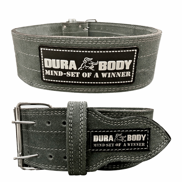 front and back of grey powerlifting belt 