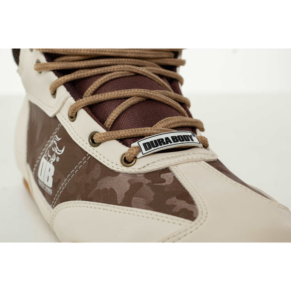 close up view of the Brown Pro Level 2 Series sneakers, detailing the stitching  