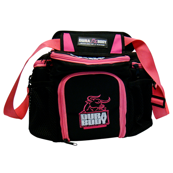 front of the black meal bag with the pink zippers and pink lifting strap. the logo is on the middle of the front zipper pocket