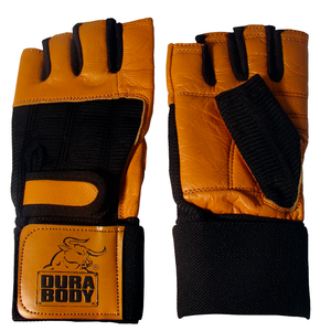 front and back of tan workout glove with wrist wrap
