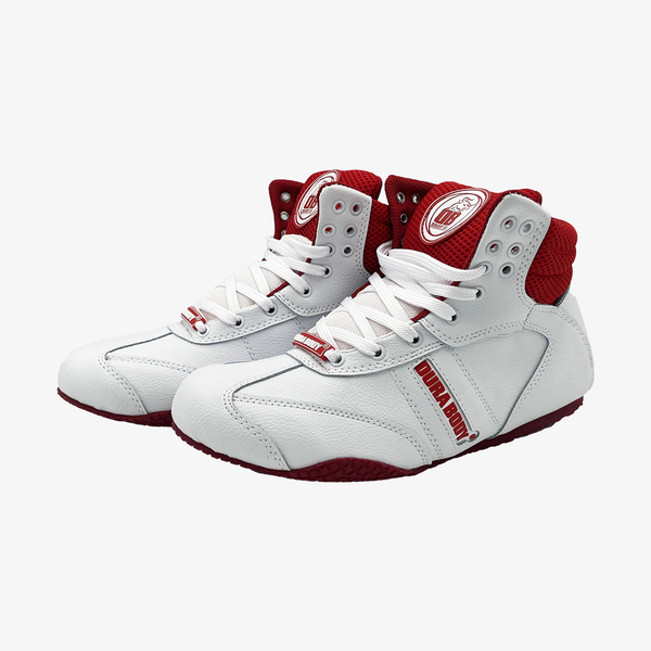 a pair of White and Red Pro Level 2 Series sneakers, angled to the right 