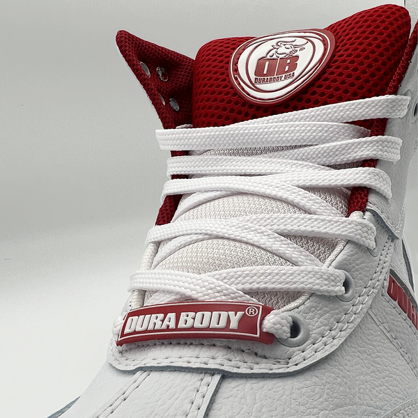 front close up of the laces for the White and Red Pro Level 2 Series sneakers