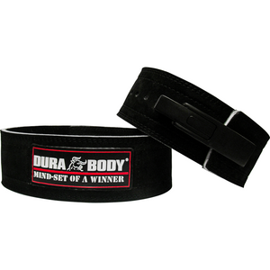 front and back of black powerlifting belt with lever buckle 