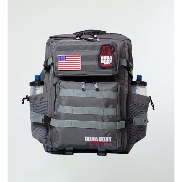 front of the grey military bag