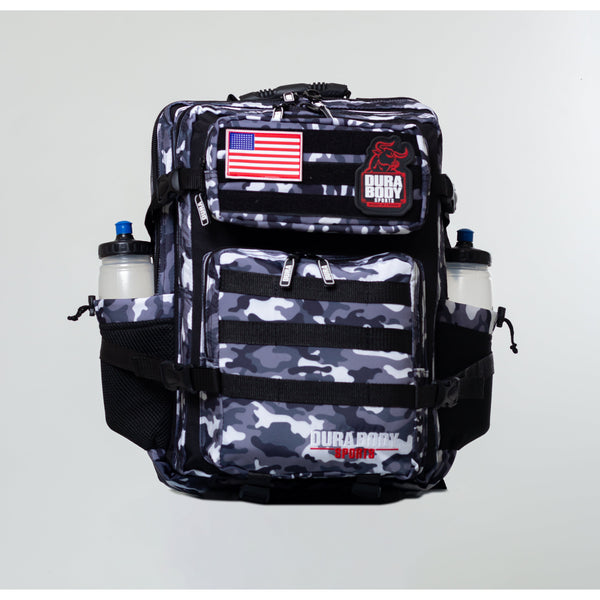 front of the white camo military bag 