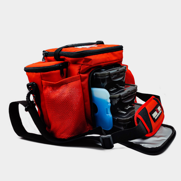 side angle with the red 3 container meal bag with front zipper open 