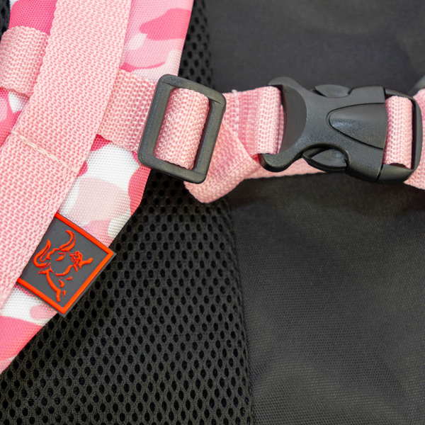 clip that is on the back straps of the pink camo military bag that has the logo on one of the straps