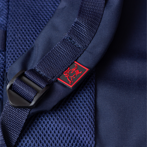 back logo tag of the navy blue military bag 