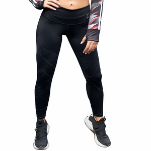 Front of black leggings, with logo on the side 