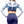 back of blue and white long sleeve crop top, with company name on the bottom 