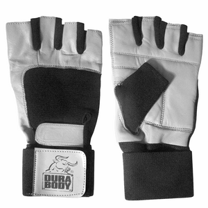 front and back of grey workout lifting glove that has wrist wraps 