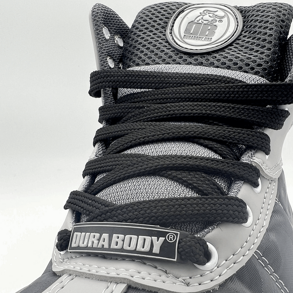 close up of Grey Camo Pro Level 2 Series sneakers, showing off the laces 