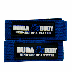 Blue pair of Lifting straps. with logo on the front 