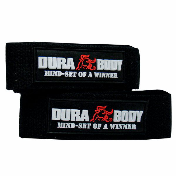 Black set of weightlifting straps. with logo on the front 