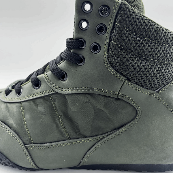 close up of the side showing the laccases of the Camo Green Pro Level 2 Series sneakers 