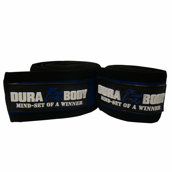 front of a set of blue knee wraps 