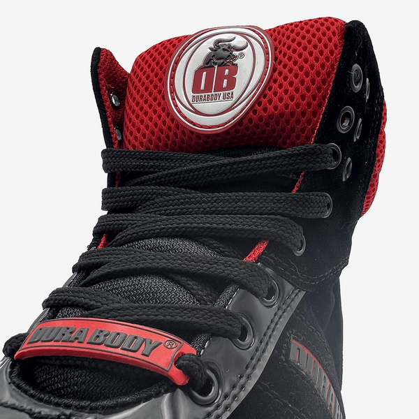 close up of the laces for the  Black and Red Pro Level 2 Series sneakers 