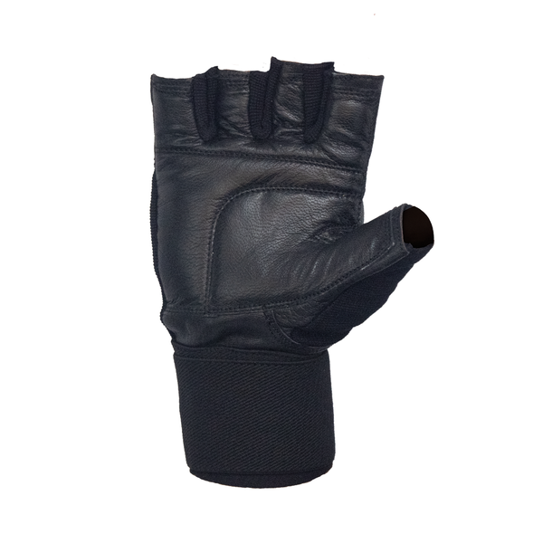 Palm of Black weightlifting glove with wrist wrap 