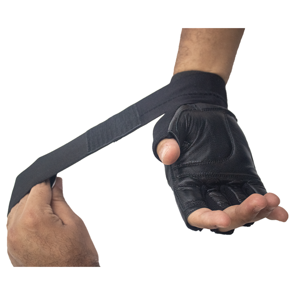 Puting on of Black weightlifting glove with wrist wrap 