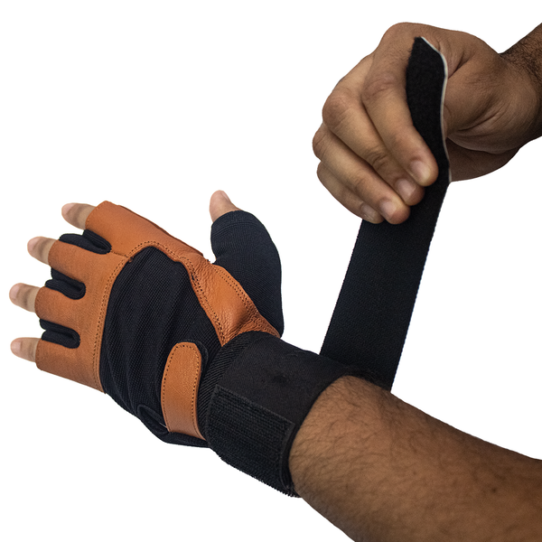 Putting on wrist wrap of Tan weightlifting glove with wrist wrap 