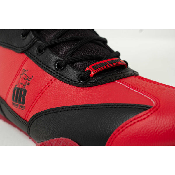 up close view of the details of the leather stitching of the Black & Red Pro Level sneakers from the front side 