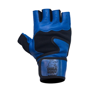 front of the right blue glove 