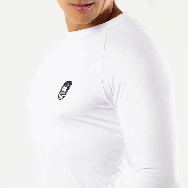 zoomed in on Athletic White Long Sleeve chest to the side, which shows logo on chest 