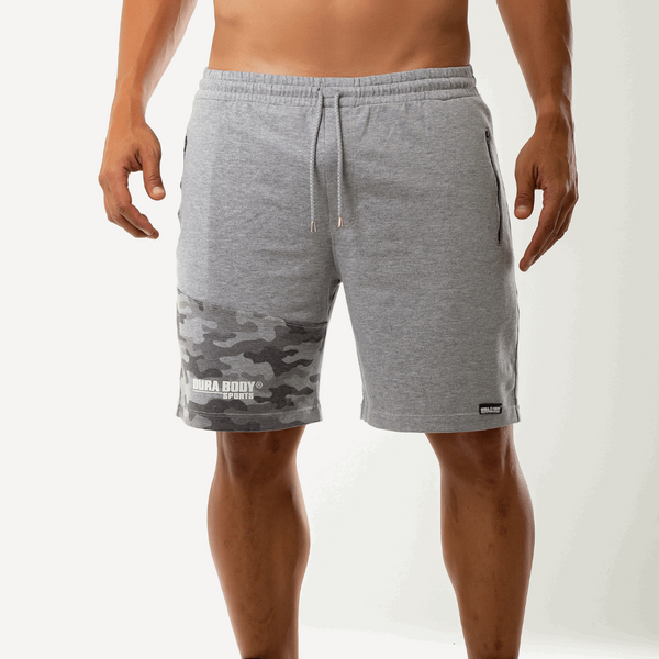front of Athletic Grey Shorts