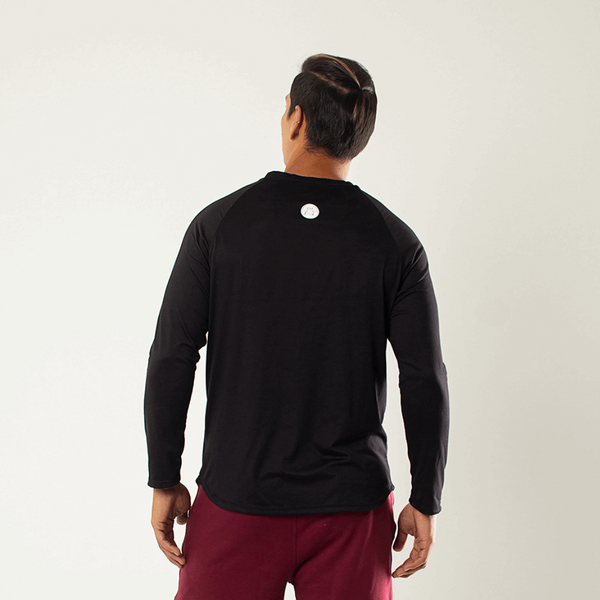back  of Men's Black Long Sleeve with small bull design by the neck 
