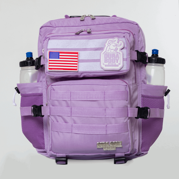front of the light purple military bag 