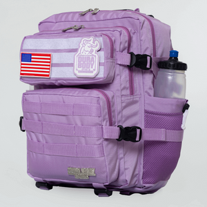 side angle of the light purple military bag 