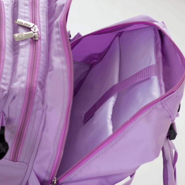 open back pocket of the light purple military bag that shows the laptop pocket 