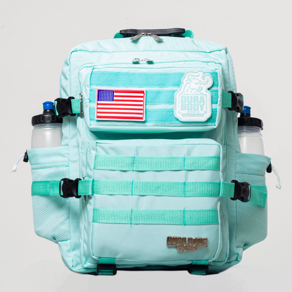front of the light blue military bag
