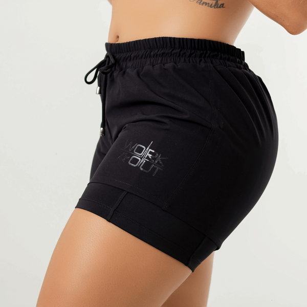Side of black running shorts with logo