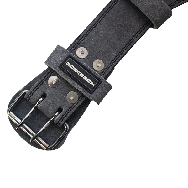 buckle of grey weightlifting belt 