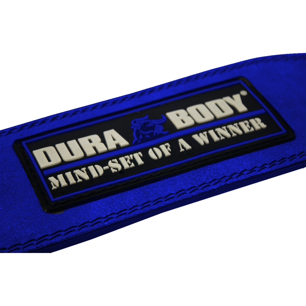 back of blue weightlifting belt 