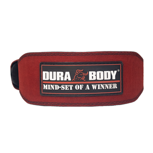 Back of red weightlifting belt 