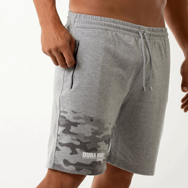 side of Athletic Grey Shorts showing the zipper that is attached to the pocket 