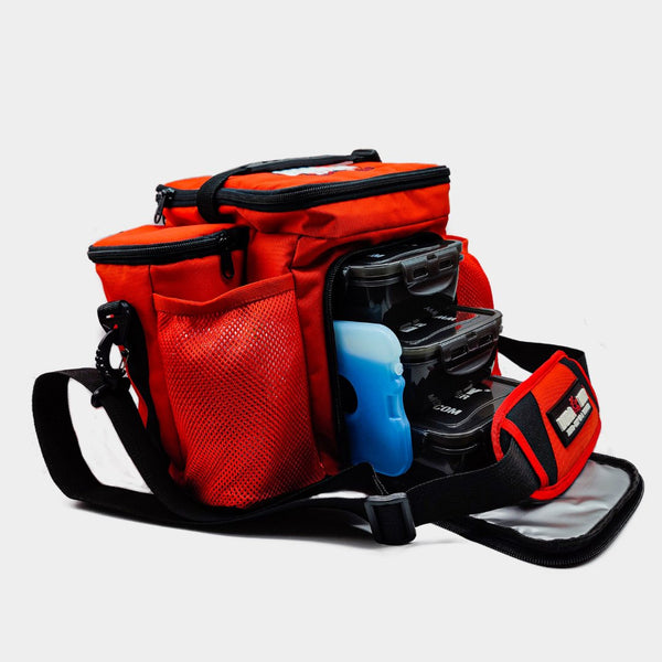 side angle with the red 3 container meal bag with front zipper open 