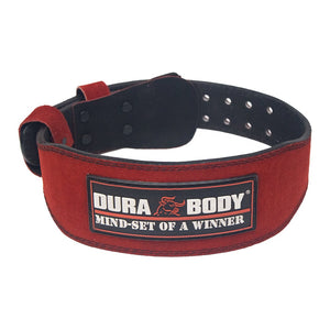 back of red weightlifting belt 