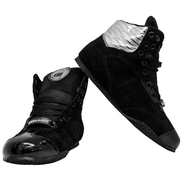 one shoe on top of the other, they both are angled away from each other. this is for the Silver and Black Pro Level 2 Series sneakers