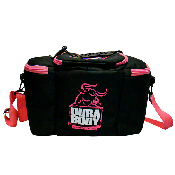 the back of the meal bag that black with pink zippers. in the middle of the bag you see the durabody logo in pink 