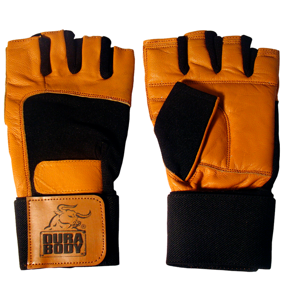front and back of tan workout glove with wrsitwrap