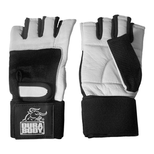 front and back of white workout glove that has wrist wraps 