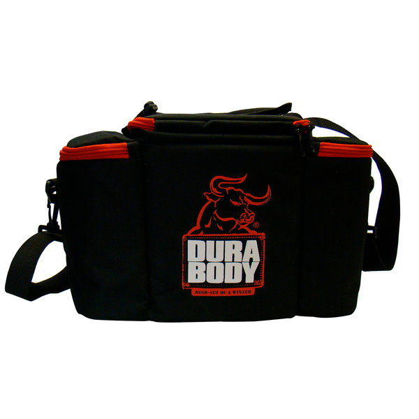 back of the meal bag with red zippers and the logo in the middle 