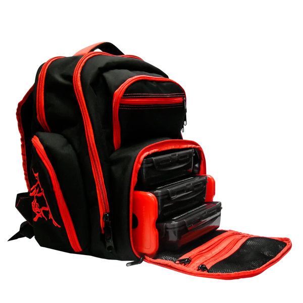 the meal bag back pack at an side angail with the front zipper open showing space for 3 meal containers and 2 ice packs