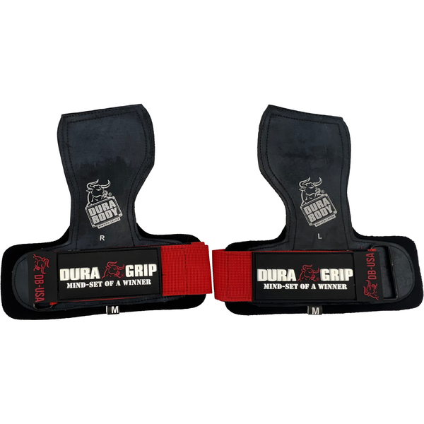 a set of red dura grips laying flat 