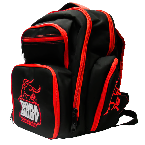 back pack angled to the left, showing the front zipper closed. shows the logo on the front zipper, adn the bull on the side pockets